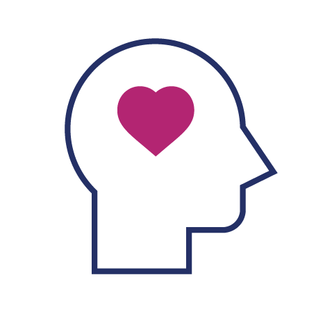 Outline of a human head in profile with a heart inside, symbolizing emotional well-being or mental health.