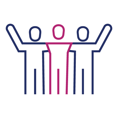 Outline of three people standing side by side with arms raised. The center figure is in magenta, while the two side figures are blue.